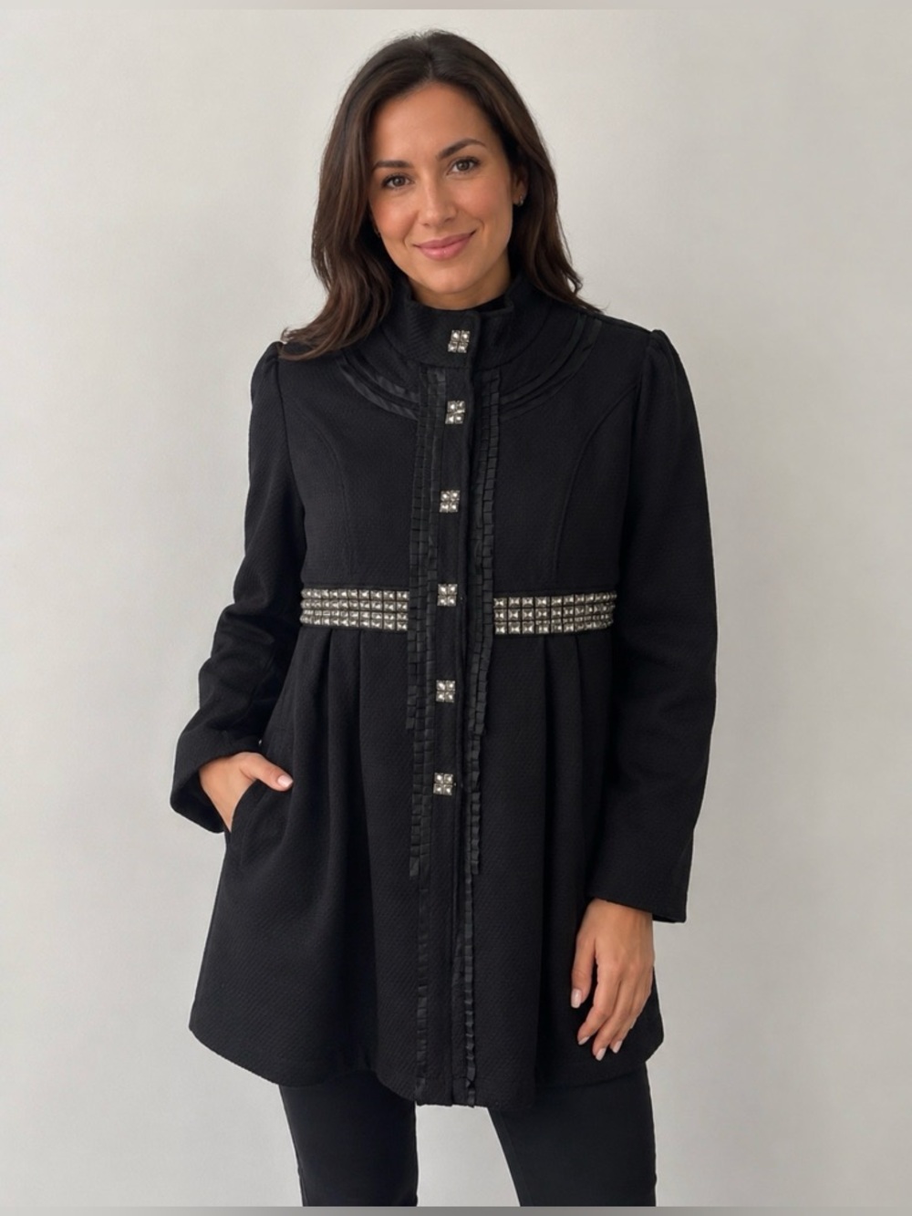 C C Couture embellished Button-Up Coat Jacket Party Holiday Black Size XL